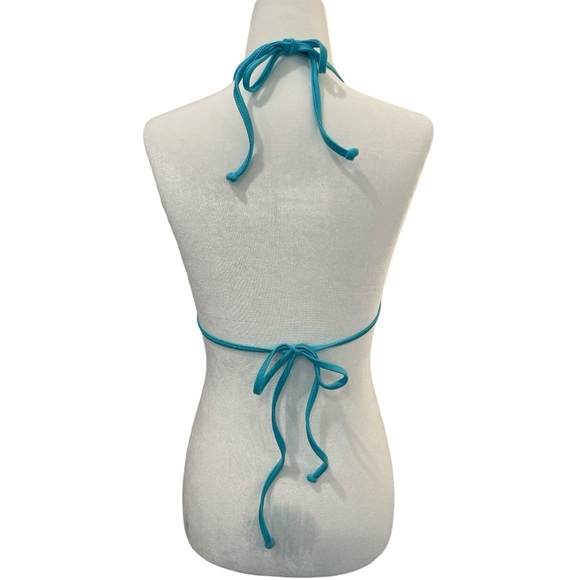 FRANKIES BIKINIS BIKINI TOP. LIME GREEN WITH TURQUOISE EDGING & TIES. SIZE LARGE - Picture 2 of 4